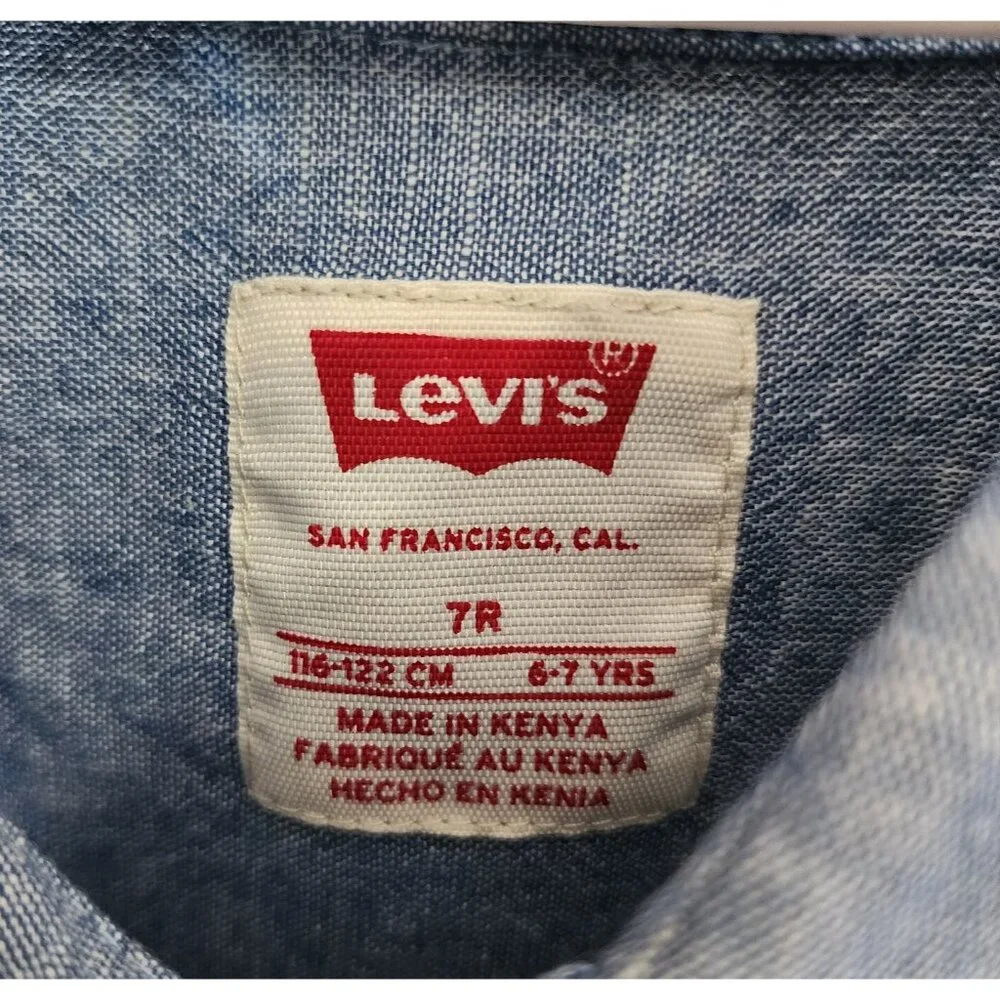 NEW LEVI'S Blue Heather Logo Short Sleeve Button Up‎ Shirt Youth Size 7R Cotton